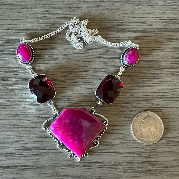 0886 Solar Agate Garnet Necklace Handmade Silver Gemstone Statement Jewelry - Picture 4 of 7